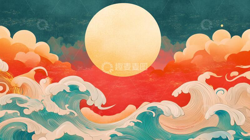 高清大图下载【趣麦麦图】古风海浪包装插画18