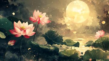 月色荷花背景墙