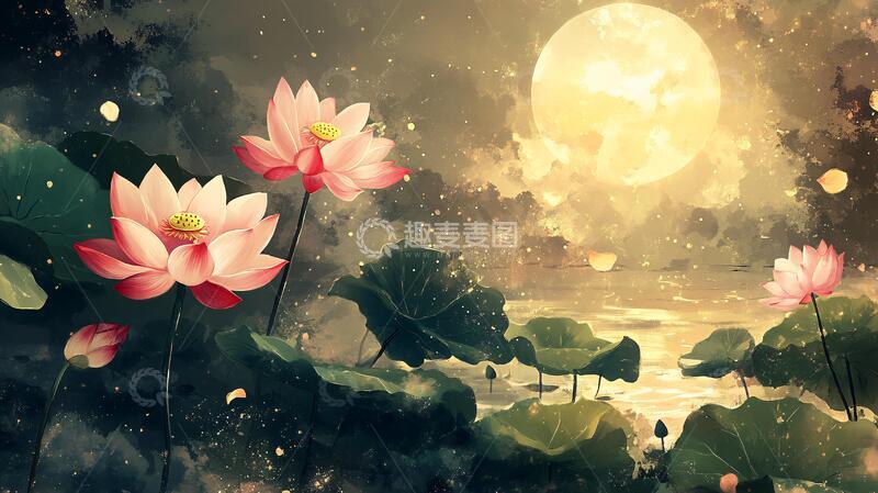 高清大图下载【趣麦麦图】月色荷花背景墙