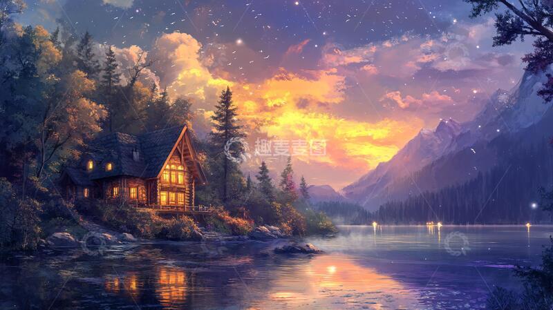 高清大图下载【趣麦麦图】宽屏风景画插画梦幻小屋