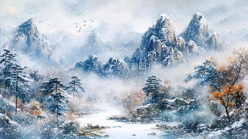 高清大图下载【趣麦麦图】雪景山水图雪景油画磨砂
