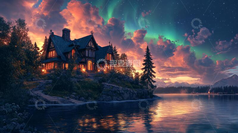 高清大图下载【趣麦麦图】湖畔别墅夜景