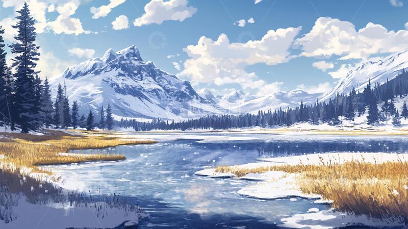 高清大图下载【趣麦麦图】宽屏风景画插画河流原画