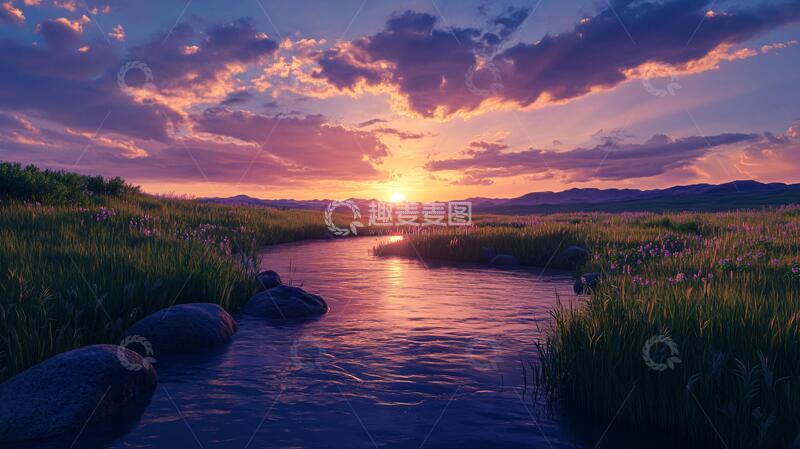高清大图下载【趣麦麦图】草地小河夕阳