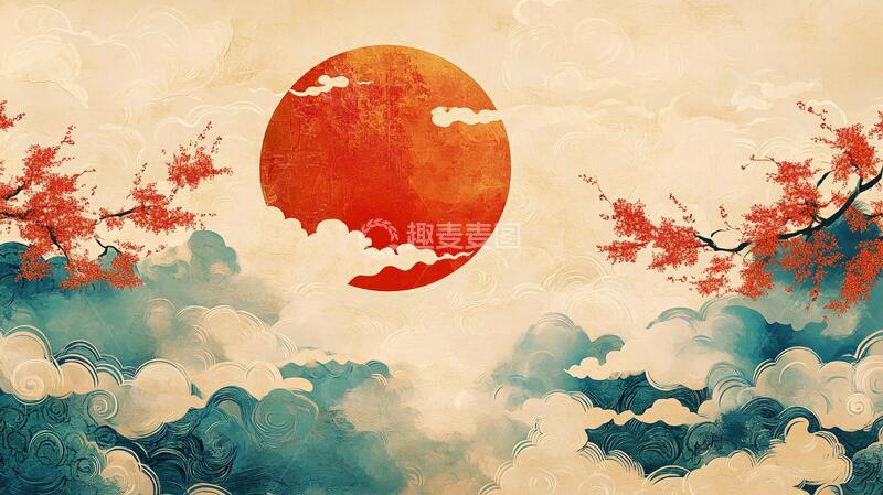 高清大图下载【趣麦麦图】红日出东方意境中式画10