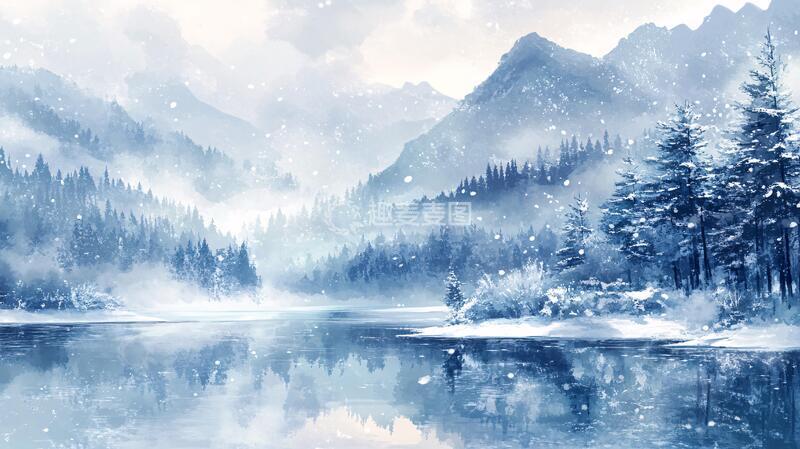 高清大图下载【趣麦麦图】冬日山川风景插画29