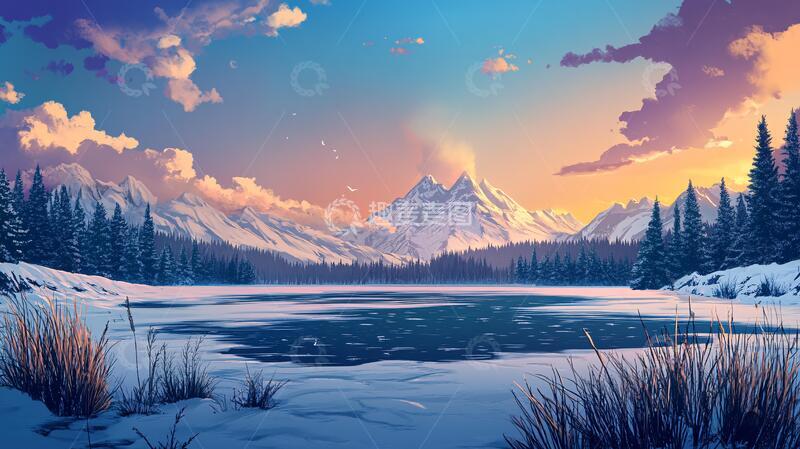 高清大图下载【趣麦麦图】冬日山川风景插画27
