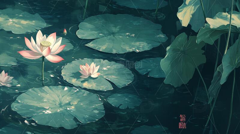 荷花池插画插画荷花睡莲