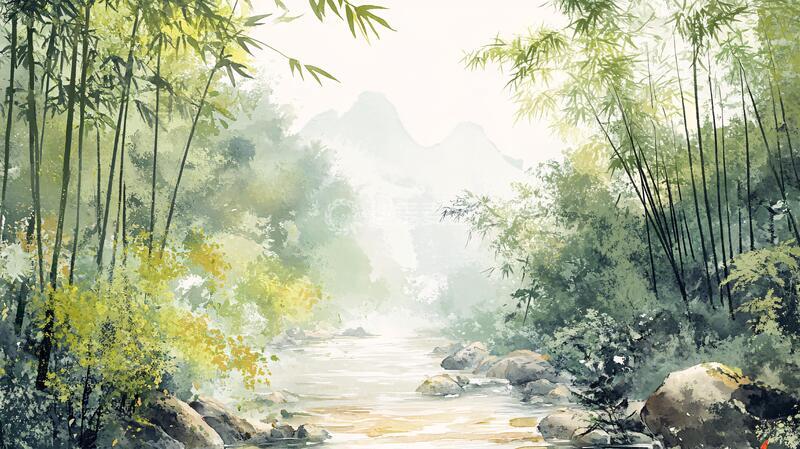 高清大图下载【趣麦麦图】山水竹林插画2