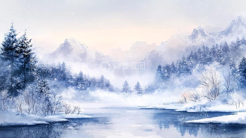 高清大图下载【趣麦麦图】冬日山川风景插画26