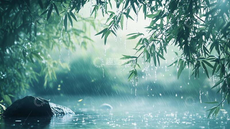 高清大图下载【趣麦麦图】竹林雨景竹叶雨水雨景