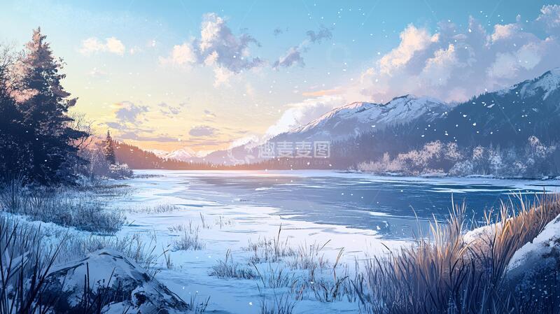 高清大图下载【趣麦麦图】河面白雪夕阳