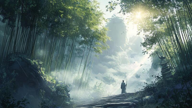 高清大图下载【趣麦麦图】竹林意境图场景古风背景