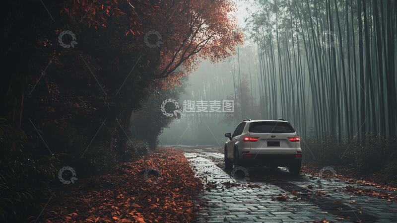 高清大图下载【趣麦麦图】林间行车行车晨雾雾天