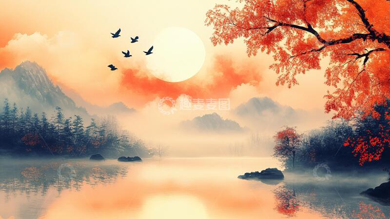 高清大图下载【趣麦麦图】红日水墨山水138