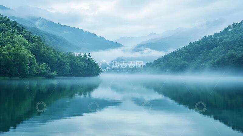 高清大图下载【趣麦麦图】雾锁水库水库雾气森林