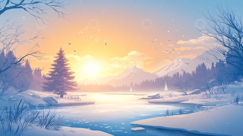 高清大图下载【趣麦麦图】冬日山川风景插画25