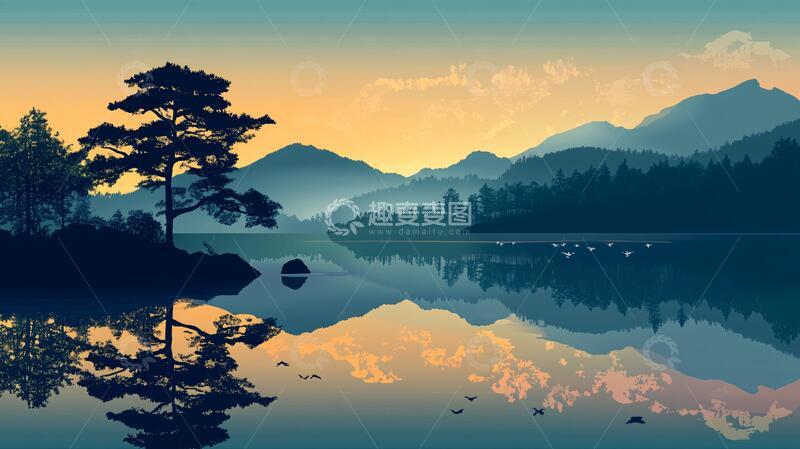 高清大图下载【趣麦麦图】山水夕阳湖泊