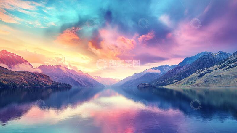 高清大图下载【趣麦麦图】湖景晚霞宽幅