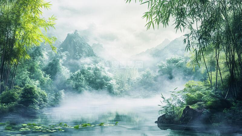 高清大图下载【趣麦麦图】竹林意境图意境河流中式