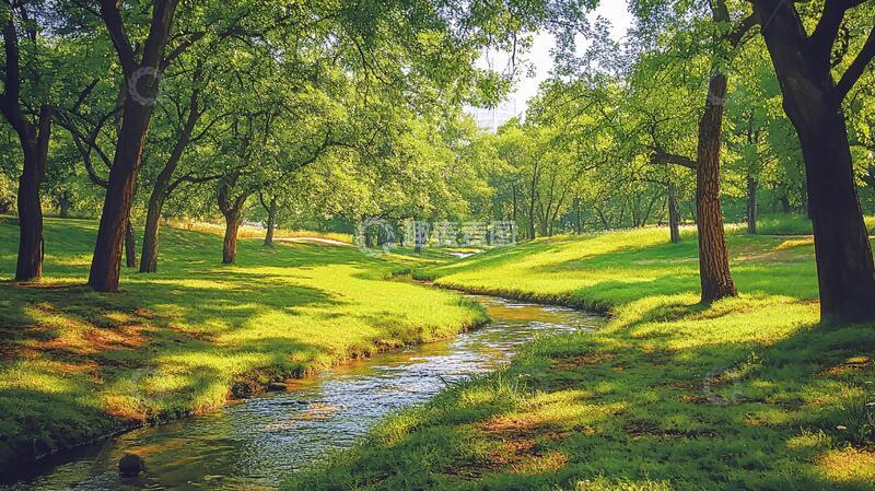 高清大图下载【趣麦麦图】阳光草地溪流3