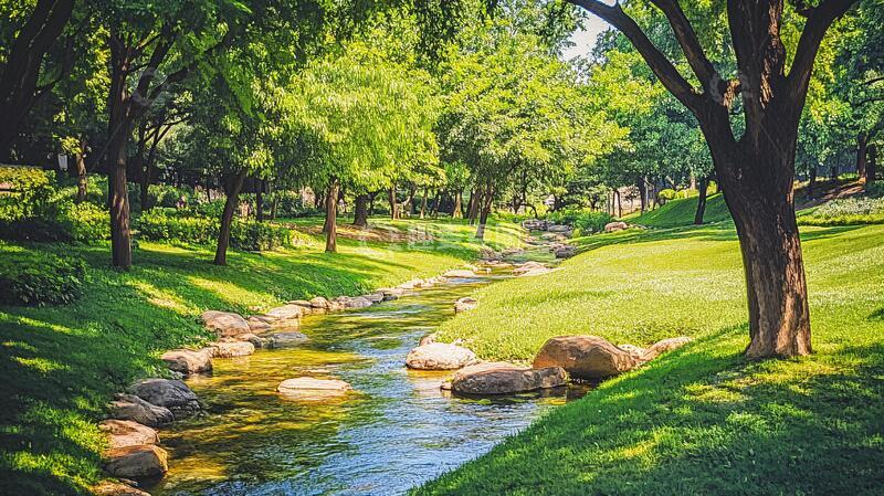 高清大图下载【趣麦麦图】绿地小河绿荫绿树溪流