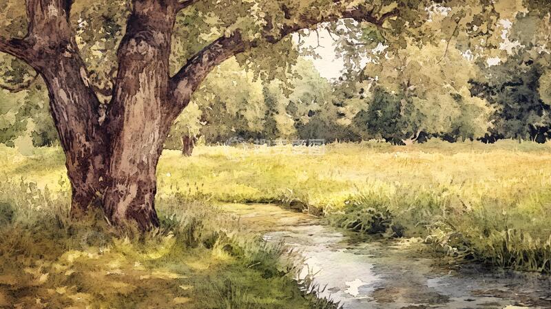高清大图下载【趣麦麦图】小溪水彩画美景风景古树