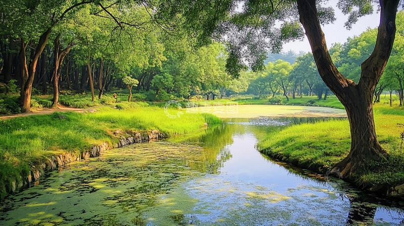 高清大图下载【趣麦麦图】绿树湿地阳光绿草地