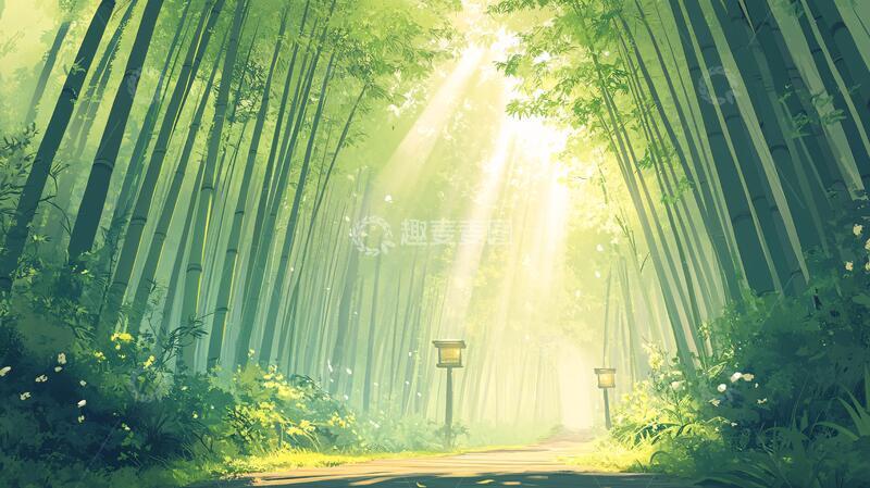 高清大图下载【趣麦麦图】竹林意境图素材小路插画