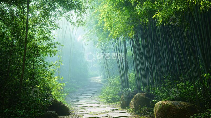 高清大图下载【趣麦麦图】大雾中的竹林小路