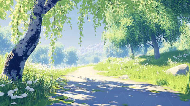 高清大图下载【趣麦麦图】柳荫小路小路小道插画