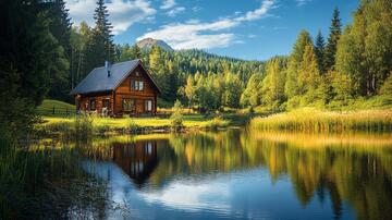 木屋倒影林场牧场风景