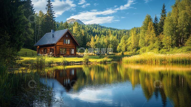 高清大图下载【趣麦麦图】木屋倒影林场牧场风景