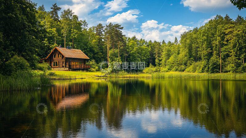 高清大图下载【趣麦麦图】木屋倒影林场牧场风景1