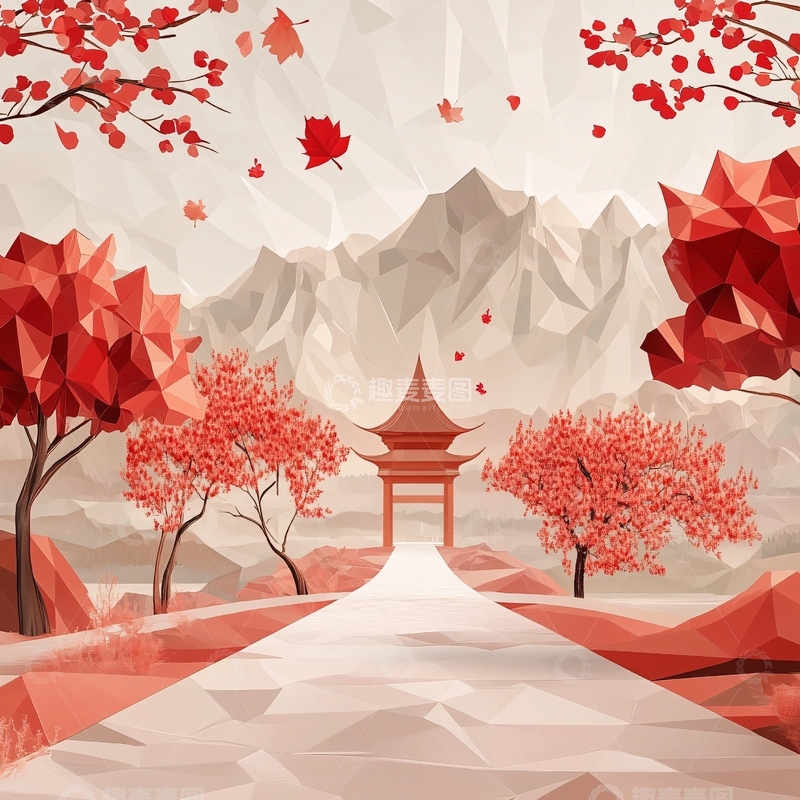 高清大图下载【趣麦麦图】红枫配山水