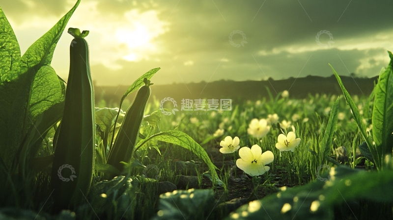 高清大图下载【趣麦麦图】夕阳下的菜地1