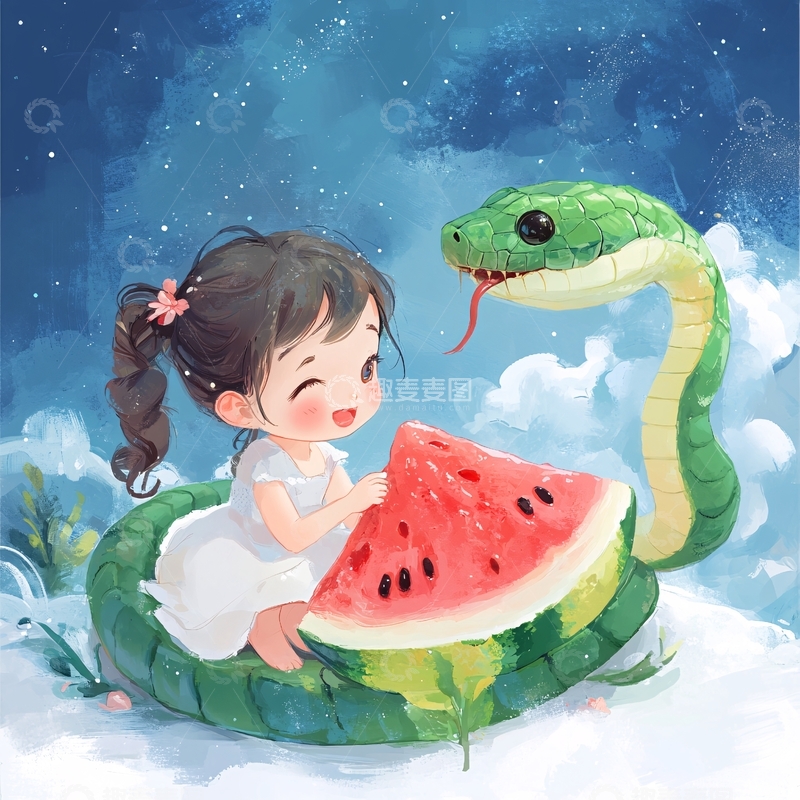 高清大图下载【趣麦麦图】蛇年夏季插画