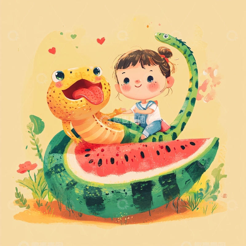 高清大图下载【趣麦麦图】蛇年儿童节插画