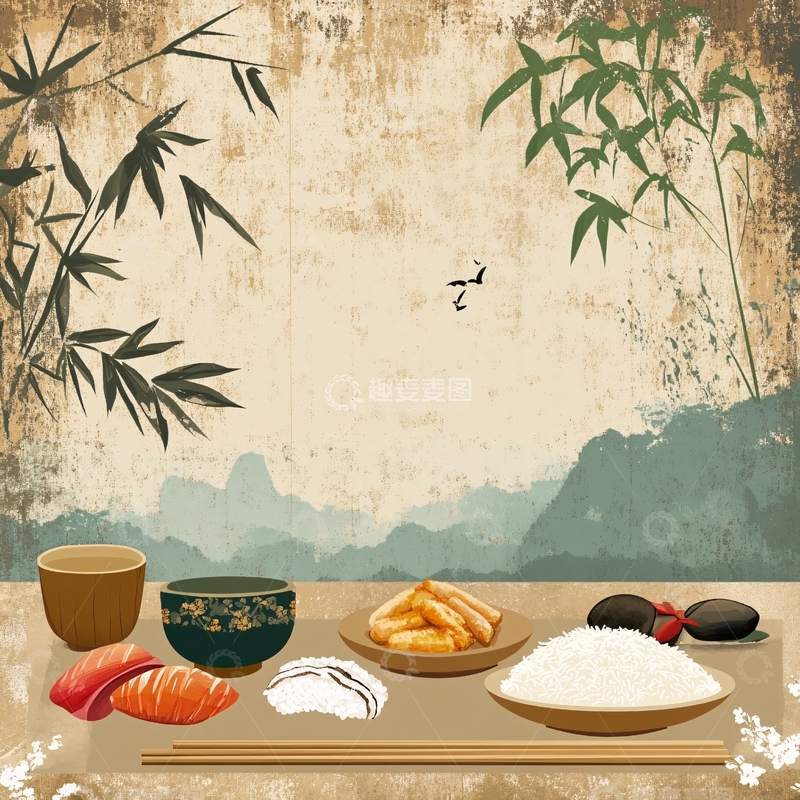 高清大图下载【趣麦麦图】中式木纹美食设计背景
