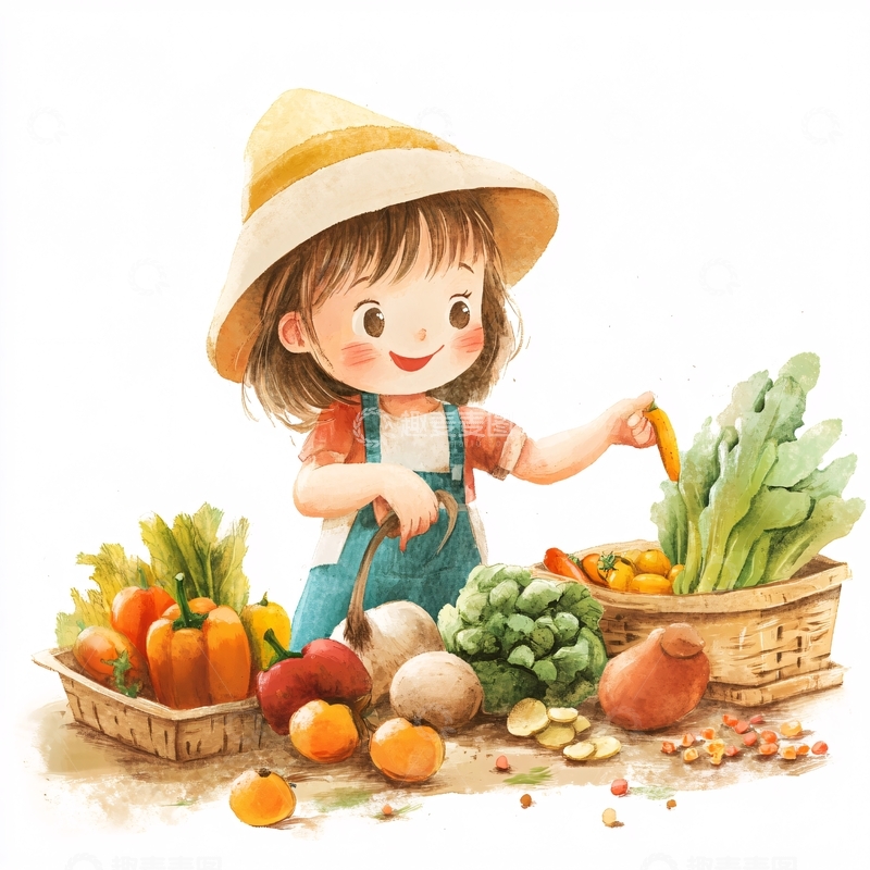 高清大图下载【趣麦麦图】采摘农家少女插画1