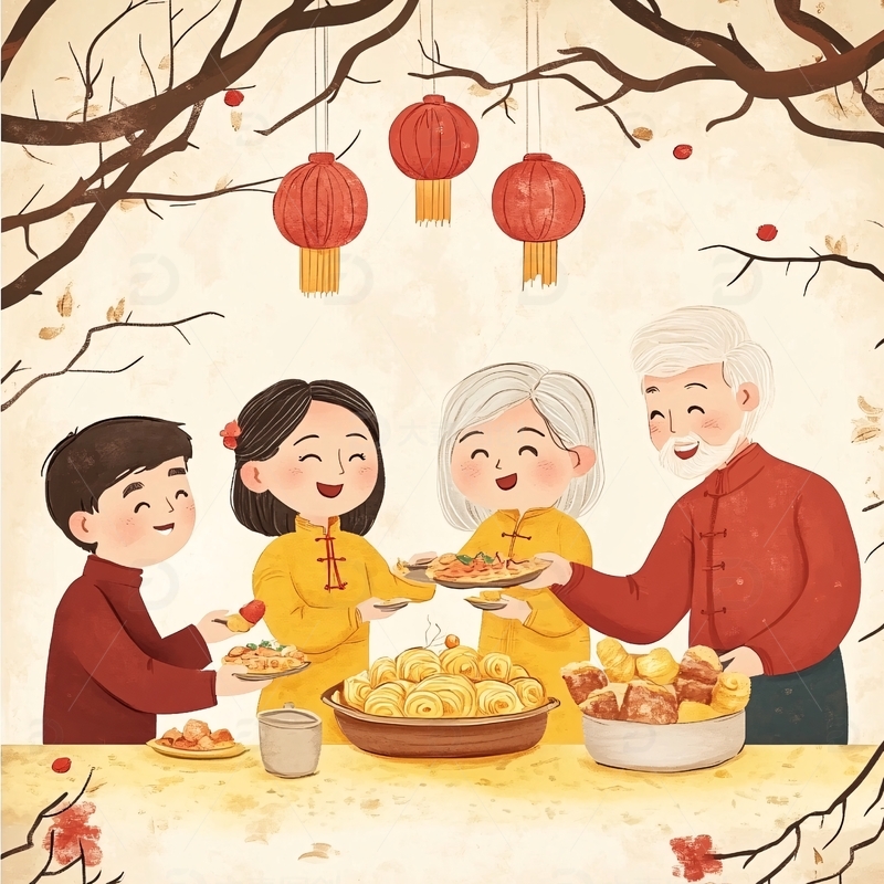 高清大图下载【趣麦麦图】团圆饭扁平插画1