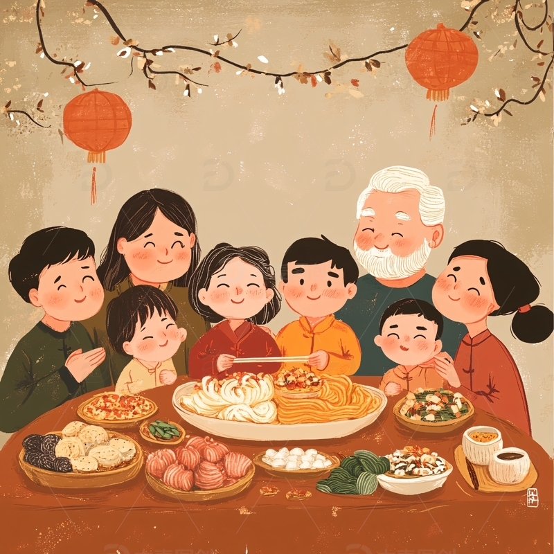 高清大图下载【趣麦麦图】全家团圆过年插画