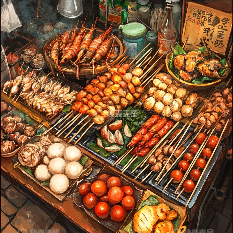 高清大图下载【趣麦麦图】鱼丸摊插画