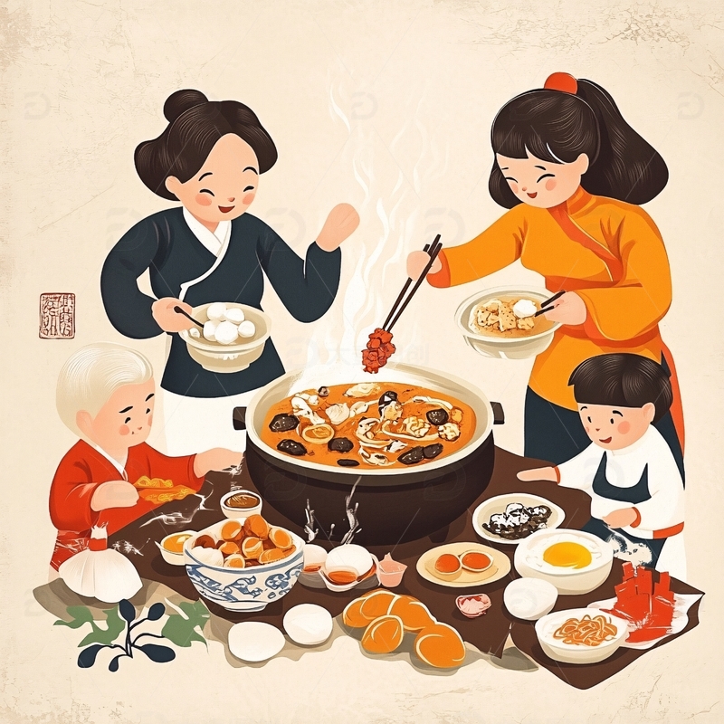 高清大图下载【趣麦麦图】团圆饭插画