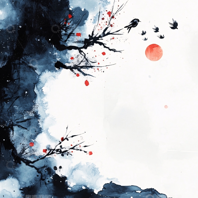 高清大图下载【趣麦麦图】意境山景水墨树枝1