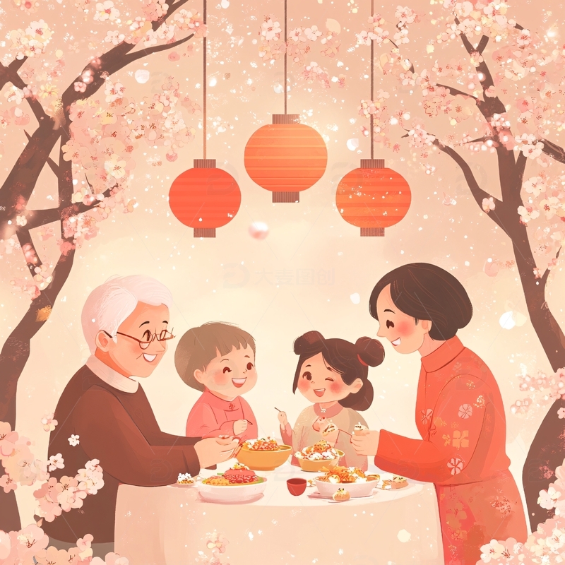 高清大图下载【趣麦麦图】全家团圆过年插画1