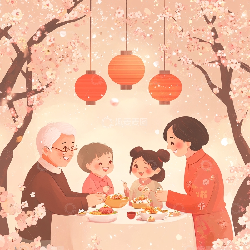 高清大图下载【趣麦麦图】全家团圆过年插画1