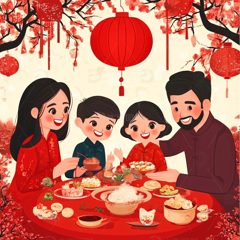 高清大图下载【趣麦麦图】家庭团圆年俗微笑