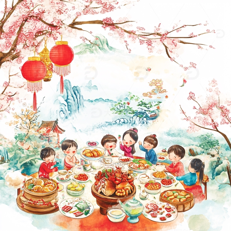 高清大图下载【趣麦麦图】团圆饭插画1