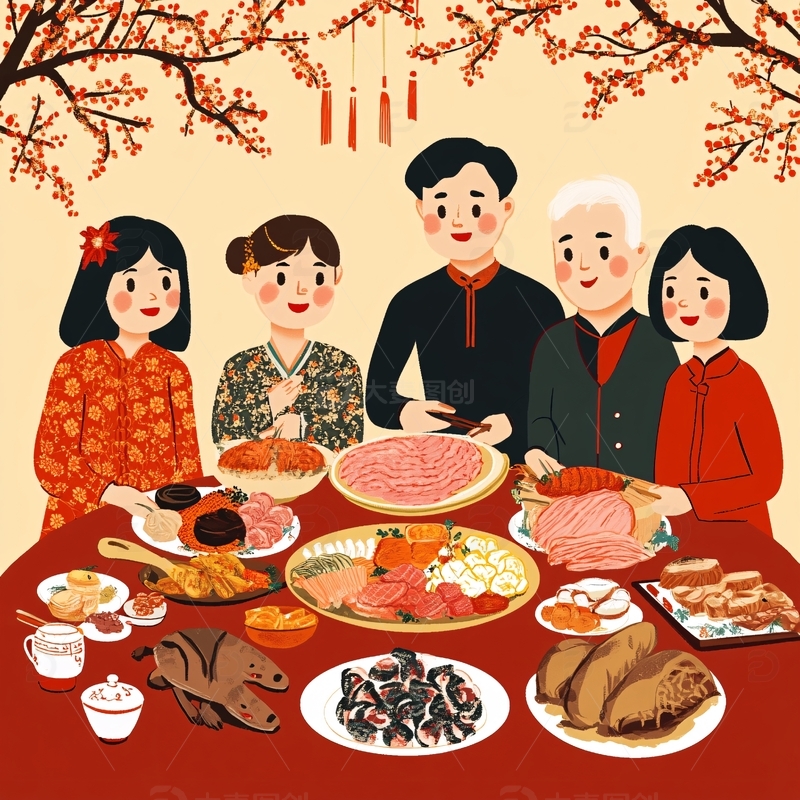 高清大图下载【趣麦麦图】一家人吃年夜饭插画1